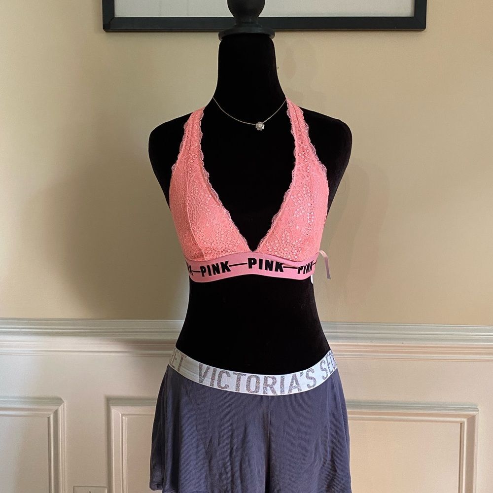 Victoria's Secret PINK Lace Halter T-Back Bralette Coral Pink S